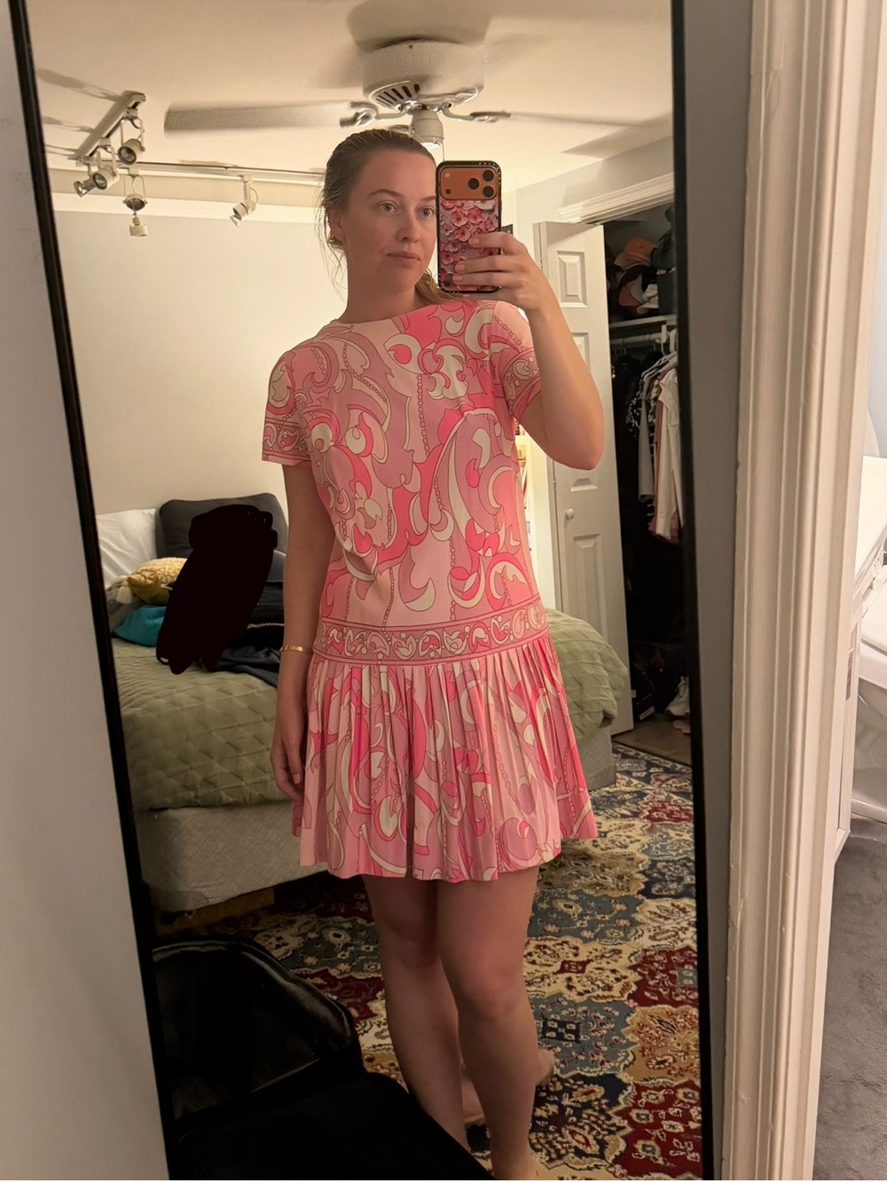 Vintage Pink Patterned Short Sleeve Pleated Mini Dress